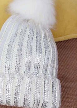 Fashion Coton Du Monde Bonnet Pompon Shine Blanc Métallisé