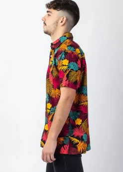 New Coton Du Monde Chemise homme manches courtes LORENZO imprimé tropical orange Palme Orange