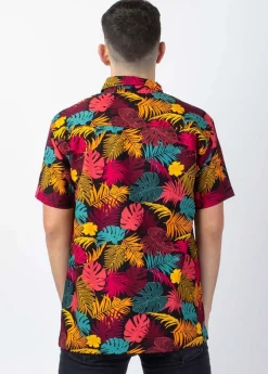 New Coton Du Monde Chemise homme manches courtes LORENZO imprimé tropical orange Palme Orange