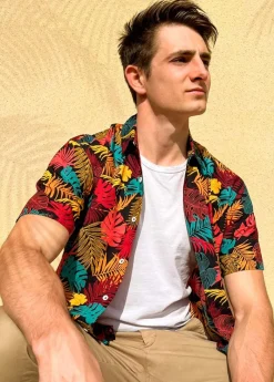 New Coton Du Monde Chemise homme manches courtes LORENZO imprimé tropical orange Palme Orange