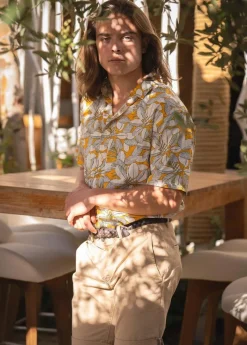 Hot Coton Du Monde Chemise homme manches courtes LORENZO imprimé Jungle Jaune