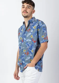 Shop Coton Du Monde Chemise homme manches courtes LORENZO imprimé fleuri gris Hawai Gris