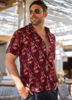 Best Sale Coton Du Monde Chemise homme manches courtes LORENZO motif exotique prune Amazonie Prune