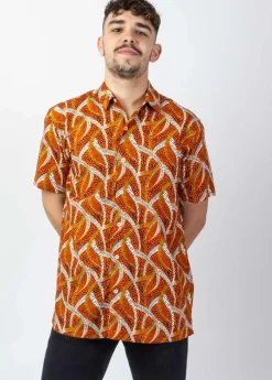 Clearance Coton Du Monde Chemise homme manches courtes LORENZO imprimé ethnique orange Savane Orange