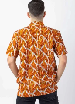 Clearance Coton Du Monde Chemise homme manches courtes LORENZO imprimé ethnique orange Savane Orange