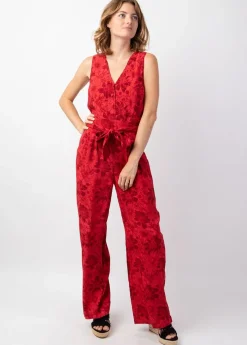 New Coton Du Monde Combi Pantalon femme habillé PAULY rouge motif floral Rumba
