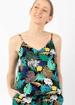 Discount Coton Du Monde Combi Pantalon fines bretelles LOUCIA imprimé tropical vert Palme Vert