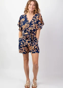 Best Sale Coton Du Monde Combishort femme plage fluide Abby bleu motif ethnique chic Palua Bleu