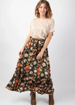 Best Coton Du Monde Jupe longue bohème en viscose épais FANNY imprimé fleuri kaki Arty