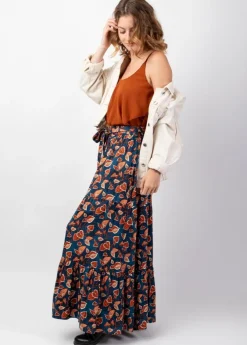 Online Coton Du Monde Jupe longue bohème en viscose épais FANNY motif ethnique bleu Tylia