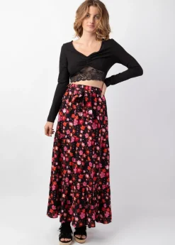 Best Sale Coton Du Monde Jupe longue femme CHERRY motif floral coloré Cherry Noir