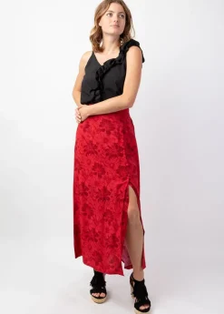 Fashion Coton Du Monde Jupe longue femme été en viscose LIBERTY motif floral rouge Rumba