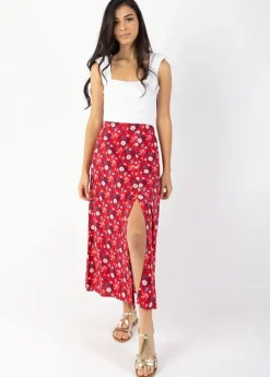Hot Coton Du Monde Jupe longue fendue boutonnée LIBERTY fleurie rouge Spring Flowers