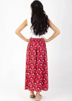 Hot Coton Du Monde Jupe longue fendue boutonnée LIBERTY fleurie rouge Spring Flowers