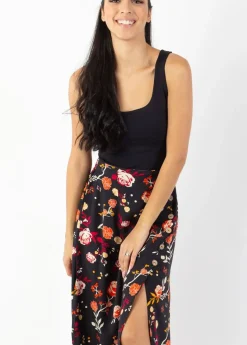 Discount Coton Du Monde Jupe longue fendue boutonnée LIBERTY fleurie noire 28 Noir