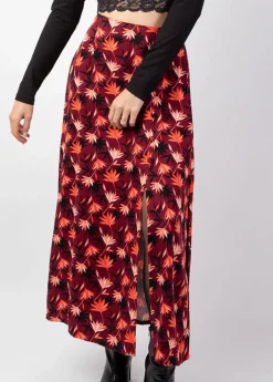 Best Coton Du Monde Jupe longue fendue hiver en viscose épais LIBERTY motif fleuri bordeaux Colchique