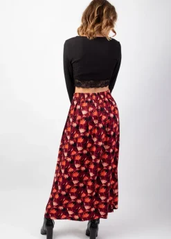 Best Coton Du Monde Jupe longue fendue hiver en viscose épais LIBERTY motif fleuri bordeaux Colchique