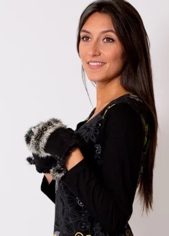 Hot Coton Du Monde Mitaines Fourrure Noir