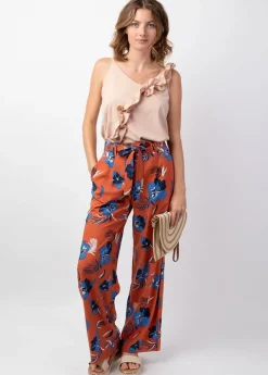 Shop Coton Du Monde Pantalon femme taille élastique MELODY motif fleurs bleu Hibiscus