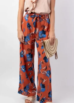 Shop Coton Du Monde Pantalon femme taille élastique MELODY motif fleurs bleu Hibiscus