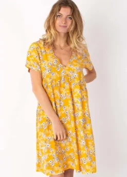 Shop Coton Du Monde Robe babydoll manches courtes DINA imprimé fleuri jaune 8 Jaune