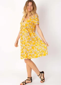 Shop Coton Du Monde Robe babydoll manches courtes DINA imprimé fleuri jaune 8 Jaune