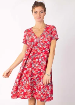 Cheap Coton Du Monde Robe babydoll manches courtes DINA imprimé fleuri rouge 8 Rouge