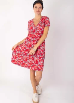 Cheap Coton Du Monde Robe babydoll manches courtes DINA imprimé fleuri rouge 8 Rouge