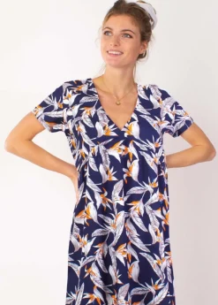 Flash Sale Coton Du Monde Robe babydoll manches courtes DINA imprimé fleurs de paradis 14 Marine