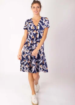 Flash Sale Coton Du Monde Robe babydoll manches courtes DINA imprimé fleurs de paradis 14 Marine