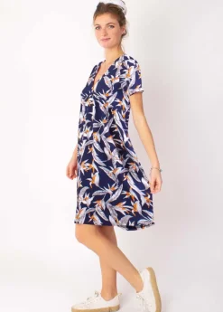 Flash Sale Coton Du Monde Robe babydoll manches courtes DINA imprimé fleurs de paradis 14 Marine