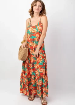 Clearance Coton Du Monde Robe bohème chic longue MONICA motif tropical orangé Summer