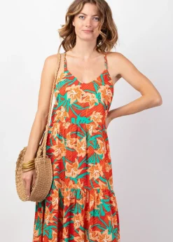 Clearance Coton Du Monde Robe bohème chic longue MONICA motif tropical orangé Summer