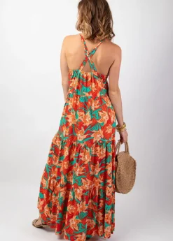 Clearance Coton Du Monde Robe bohème chic longue MONICA motif tropical orangé Summer