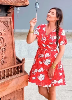 Outlet Coton Du Monde Robe courte cache cœur manches froncées LOUNA imprimé fleuri rouge Bouquet Rouge