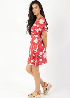 Outlet Coton Du Monde Robe courte cache cœur manches froncées LOUNA imprimé fleuri rouge Bouquet Rouge