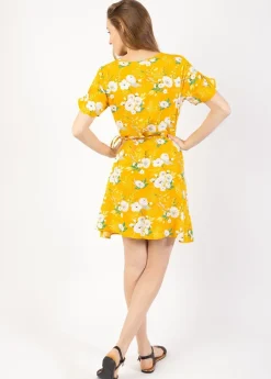 Cheap Coton Du Monde Robe courte cache cœur manches froncées LOUNA imprimé fleuri jaune Bouquet Jaune