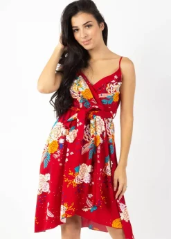 Discount Coton Du Monde Robe courte chic fines bretelles cache cœur TESSA fleurie rouge Volupte