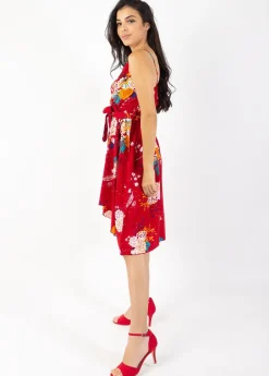 Discount Coton Du Monde Robe courte chic fines bretelles cache cœur TESSA fleurie rouge Volupte