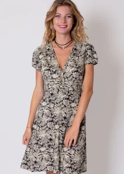 Hot Coton Du Monde Robe courte cintrée TANIA imprimé bohème 24 Noir