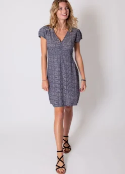 Clearance Coton Du Monde Robe courte cintrée TANIA imprimé ethnique 32 Marine