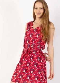 New Coton Du Monde Robe courte col V coupe droite ELISA motif fleuri rouge Spring Flowers