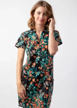 Sale Coton Du Monde Robe courte coupe droite en coton ELANA noire motif fleurs