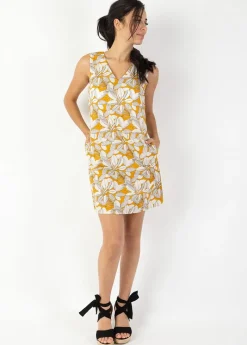 Discount Coton Du Monde Robe courte DIANA coton sans manches col V jaune et blanche Jungle Jaune