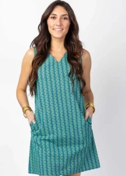 Best Sale Coton Du Monde Robe courte DIANA sans manches col V imprimé ethnique bleu Alize Opal