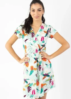 Cheap Coton Du Monde Robe courte effet cache cœur AMANDA imprimé tropical blanc Rio Blanc