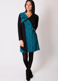 Hot Coton Du Monde Robe courte en coton ABAYA imprimé graphique Bleu