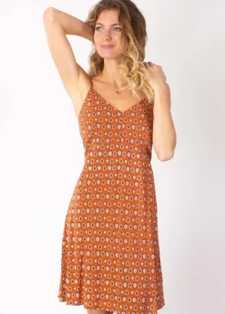 Discount Coton Du Monde Robe courte fines bretelles BEA motif ethnique camel 29 Camel