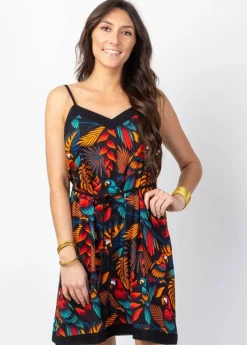 Hot Coton Du Monde Robe courte fluide fines bretelles PALMA imprimé tropical noir Ara