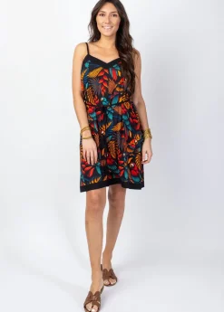 Hot Coton Du Monde Robe courte fluide fines bretelles PALMA imprimé tropical noir Ara